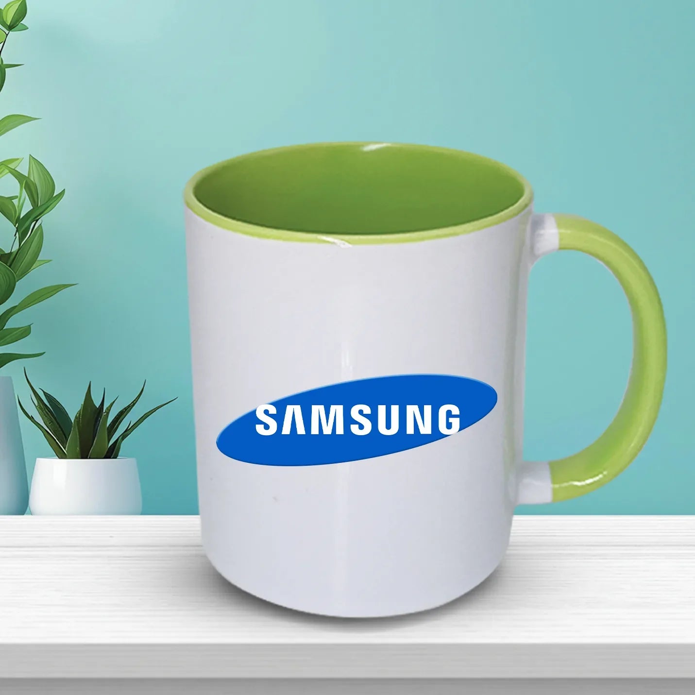 Luxury White Sublimatable Ceramic Mugs with Green Handle